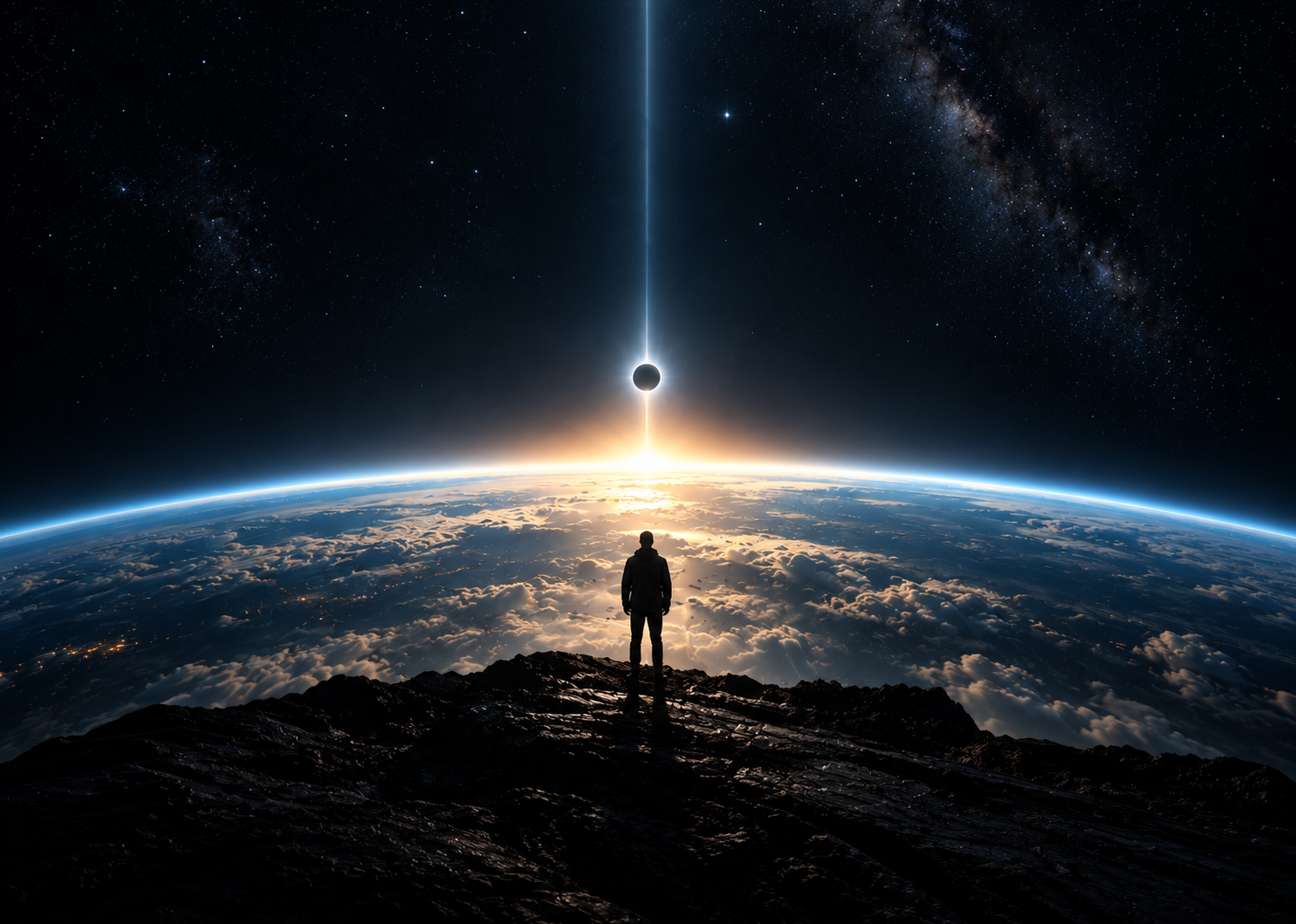 Earth seen from space with a lone figure standing on a mountain summit